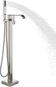 lot 271359 image: Retails for $156 Freestanding Bathtub Faucet Brushed Nickel Tub Filler Floor Mount Single Handle Brass Tap with Handheld Shower and Swivel Mixer Spout