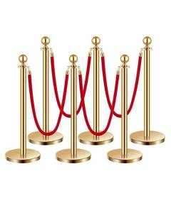 lot 371280 image: VEVOR Stanchions and Velvet Ropes 6Pcs, Hollow Base with Stainless Steel Post, 4 Red Velvet Ropes and Posts, Crowd Control Barriers Gold Stanchions, Red Carpet Runner Poles for Party Supplies