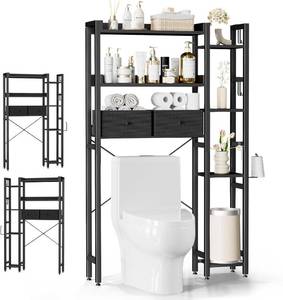 lot 371289 image: (White) Housolution Over The Toilet Storage with 2 Drawers, 7 Tier Over Toilet Bathroom Organizer with Height Adjustable Shelves and Hooks, Space Saver Above Toilet for BathroomRestroomLaundry, White