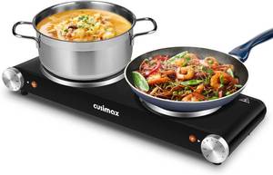 lot 371307 image: Cusimax Hot Plate for Cooking 1800W Portable Electric Double Burner Countertop Cooktop Cast Iron Stove Heating Plate with 7 Power Levels Adjustable Temp Control, Compatible for All Cookwares