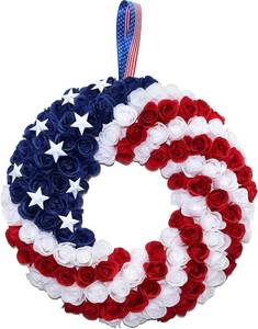 lot 471413 image: Silk Roses 4th of July Wreath - Red White Blue Patriotic Wreaths for Front Door, Memorial & Independence Day Decorations, Americana Decor for Porch Door Wall Window Indoor Outdoor (18 )