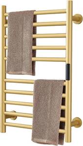 lot 471436 image: Retails for $189 Gold Heated Towel Warmer Radiator Bathroom Accessories, Built-in Timer Temperature Control 10 Bars Electric Heated Towel Racks for Bathroom, Stainless Steel Towel Warmer Drying Rack, (Hardwired)