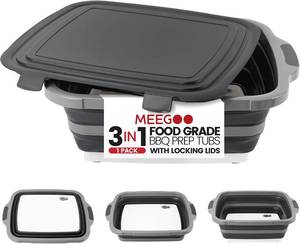 lot 471448 image: BBQ Prep Tub 3-IN-1 Large 16L Collapsible Cutting Board with Locking Lid for Meal Prep Marinating Food, Camping Sink with Colander, Dish Basin, Storage Blanket for Camping Picnic BBQ, Black