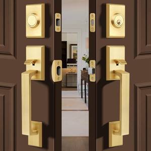 lot 471449 image: Retails for $120 Double Front Door Lock Set, Square Heavy Duty Double Door Handle with Dummy, Entry Handleset with Deadbolt Combo, Double Door Lock Set for Front or Office Doors, Satin Brass