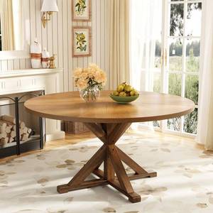 lot 452061 image: Retails for $370 59 Solid Wood Round Dining Table for 6-8, Wooden Trestle Pedestal Base, Rustic Round Dining Room Table for Home Dining Room, Kitchen, Living Room