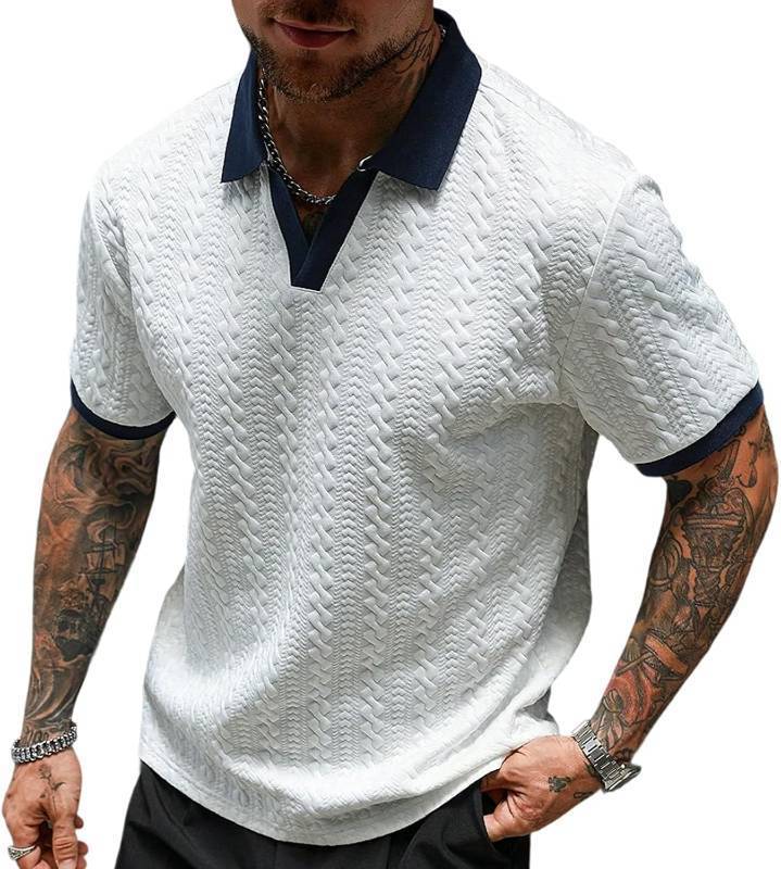lot 142159 image: Mens Summer Casual Polo Shirt, Short-Sleeve, Textured Contrast-Color Patchwork, Vacation Beach Knit