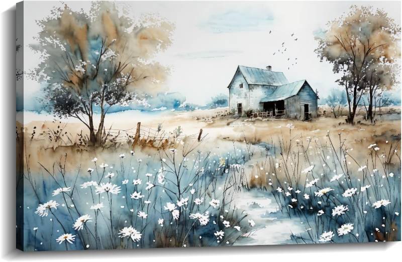 lot 9187275 image: KPLUNDO Farmhouse Canvas Wall Art Old Barn Picture Blue Prints Rustic Flowers Nature Landscape Painting Vintage Art for Home Office Living Room Bedroom Wall Decor (Art-3, 12x16 inch)