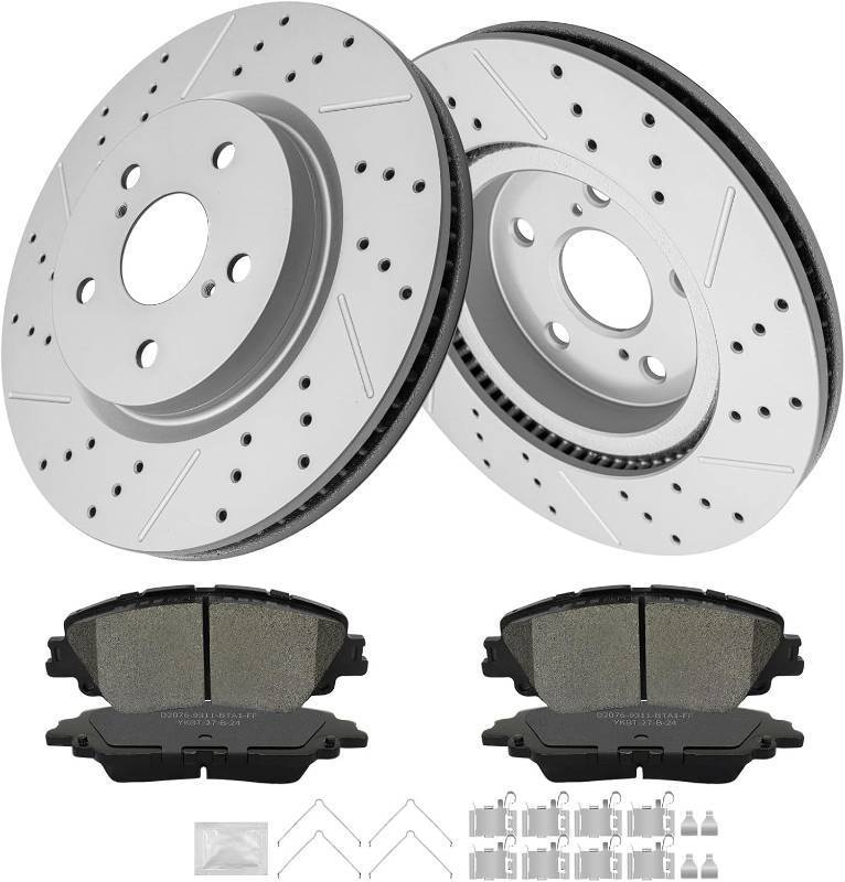 lot 331185 image: Retails for $118 Front Brakes and Rotors Kit, Ceramic Brake Pads and Drilled and Slotted Brake Rotors,Fit for Toyota Camry Corolla Cross RAV4 Avalon Venza C-HR, Lexus ES250 ES300h ES350 UX200 UX250h
