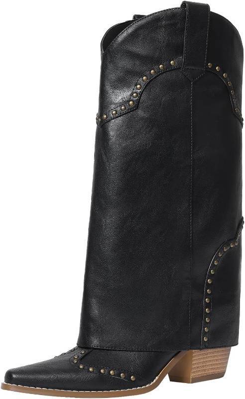 lot 221434 image: Women Shark Boots Knee High Cowboy Cowgirl Fold Over Chunky Heel Snip Toe Pull On Studded Boots for Women (Size 11)