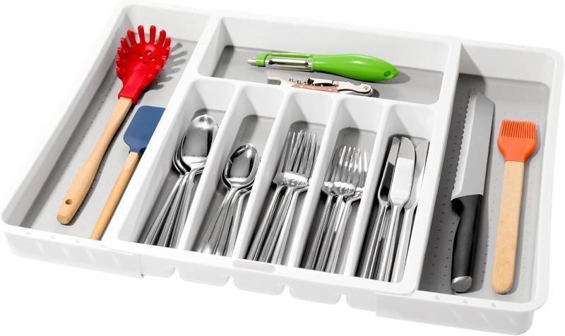 lot 321313 image: madesmart Silverware White Expandable Tray Classic Collection  8-Compartments  Icons to Help sort Flatware, Cutlery, Utensils  Soft-Grip Lining  BPA-Free