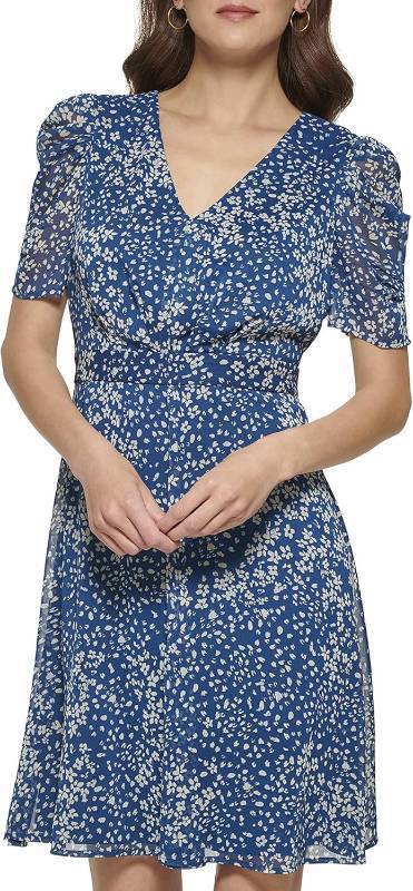 lot 211472 image: DKNY Puff Sleeve Printed V-Neck Dress