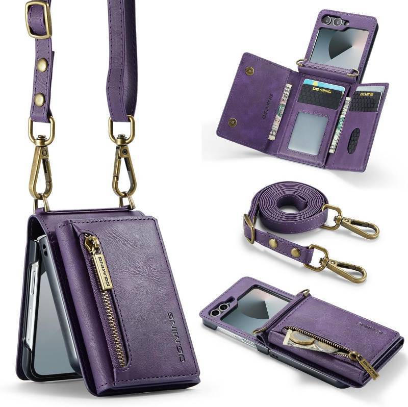 lot 211476 image: for Samsung Galaxy Z Flip 6 Wallet Case Tri-Fold Zipper with 6 Card Slots and 1 Zipper Pocket and Long Lanyard PU Leather Pocket Stand Protective Cover- Purple