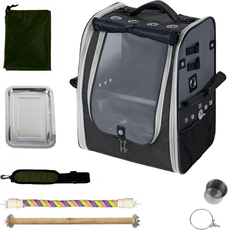 lot 311429 image: Birds Day Bird Carrier Backpack-Parrot Travel Cage with Perch and Food Bowl, Stainless Steel Tray (Charcoal Gray)