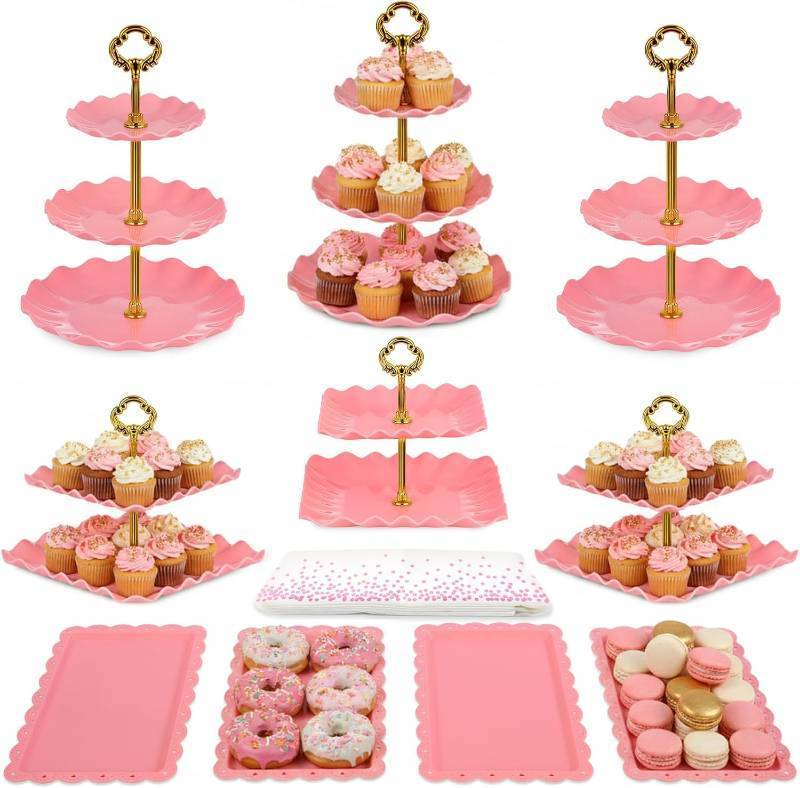 lot 411341 image: Pack of 11 NWK Cake Stand Set, with 3 x Two-Tier and 3 x Three-Tier Cupcake Stands, 4 x Appetizer Trays, 1 x Tablecloth for Birthday Bridal Baby Shower Party (Pink)