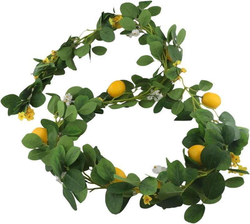 lot 411342 image: Artificial Lemon Garland With Eucalyptus Leaves And Yellow Lemons, 5.74 Ft Or 6.5 Ft Long Decorative Vine For Wedding Party And Home Table D cor(6.5FT)