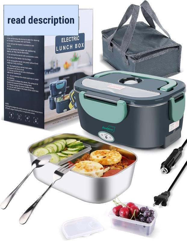 lot 411358 image: Buddew Electric Heated Lunch Box, 80W Fast Heating, 1.5L Food-Grade 304 Stainless Steel, 12V24V110V Portable Food Warmer for Car Truck Office Adults, Lonchera Electrica Portatil (Green)