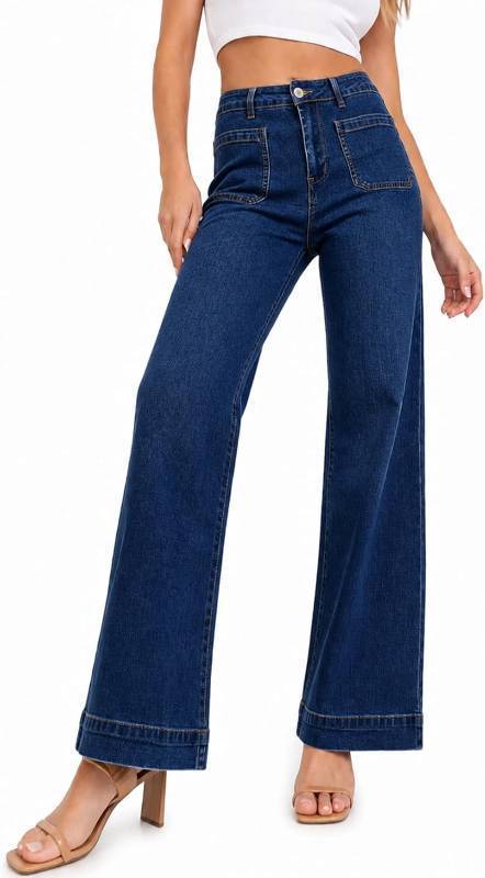 lot 301434 image: Womens Wide Leg Jeans High Waisted Stretchy Straight Leg Denim Pants with Pockets - Trendy Bootcut Jeans for Women