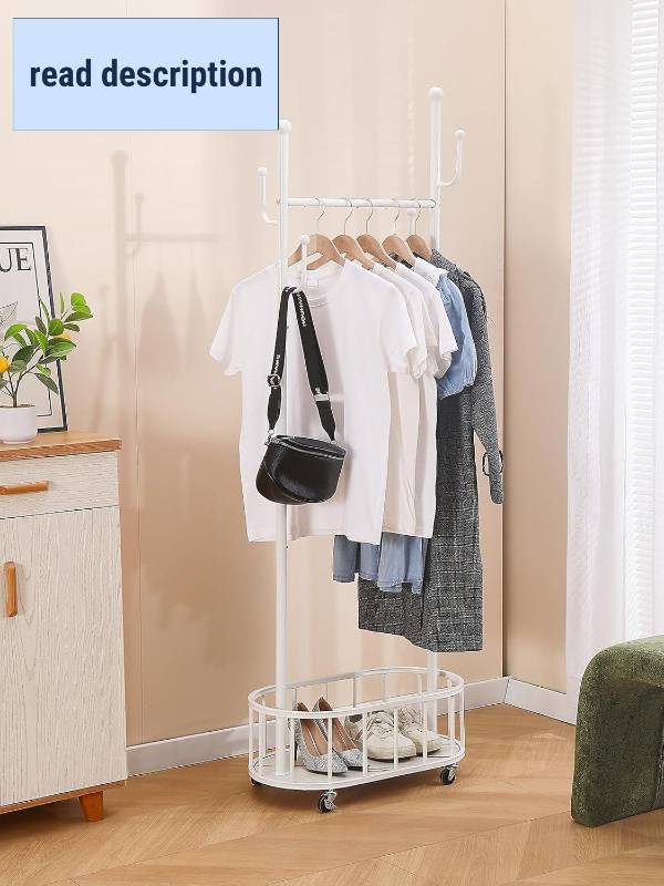 lot 391676 image: BOOSDEN Metal Clothing Rack with Wheels, Rolling Clothes Racks for Hanging Clothes, Standing Garment Rack with Storage Shelf and 4 Hooks, Clothes Hanger Racks for Bedroom, Closet, Living-room, White