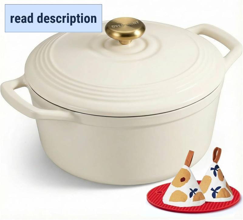 lot 221401 image: Overmont Enameled Cast Iron Dutch Oven - 5.5QT Pot with Lid Cookbook & Cotton Potholders - Heavy-Duty Cookware for Braising, Stews, Roasting, Sourdough Baking White