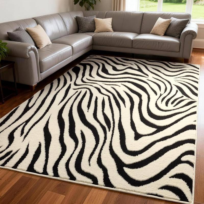 lot 152046 image: YIHOUSE 5 7 Ft Area Rugs for Living Room Modern Washable Rug - Abstract Black and Cream White Rug for Bedroom Dining Room Office Playroom Nursery Home Decor - Nonslip Non-Shedding Striped Rugs