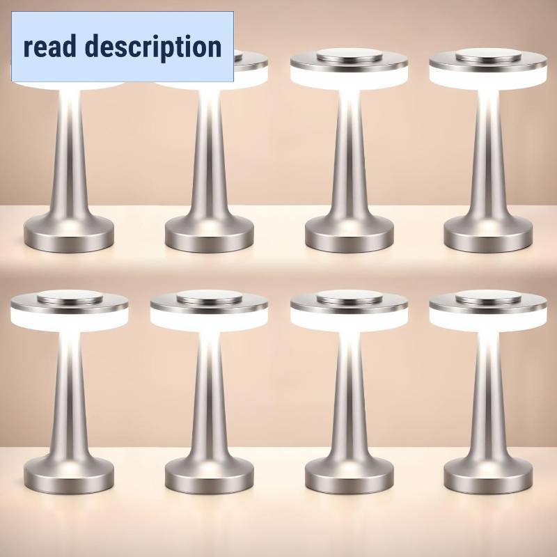 lot 251513 image: VIHOSE 8 Pcs Cordless Table Lamps LED Portable Rechargeable Table Lamp with Touch Sensor 3 Color Dimming up to 15 Hours Battery Desk Light for Restaurant Nursery Living Room (Silver)