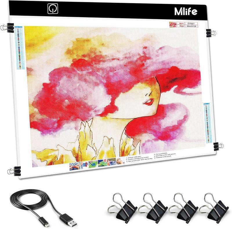 lot 251522 image: Mlife A2 LED Light Pad for Diamond Art Painting Light Board with 3 Brightness, Tracing Light Board with USB Cable & 4 Fasten Clips for Sketching, Animation, Drawing, Diamond Art Painting Supplies