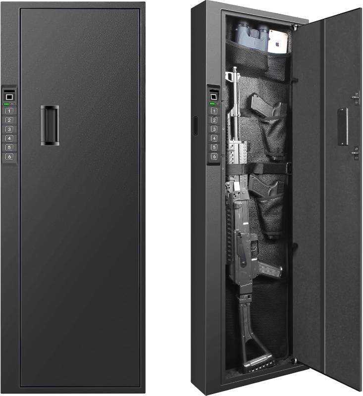 lot 271286 image: Retails for $198 Biometric Gun Safe for Rifle, Shotguns, Pistols, Compact Long Gun Safe, Quick Access Fingerprint Gun Safe Firearm Case- Upgraded BiometricKeypadKey Access