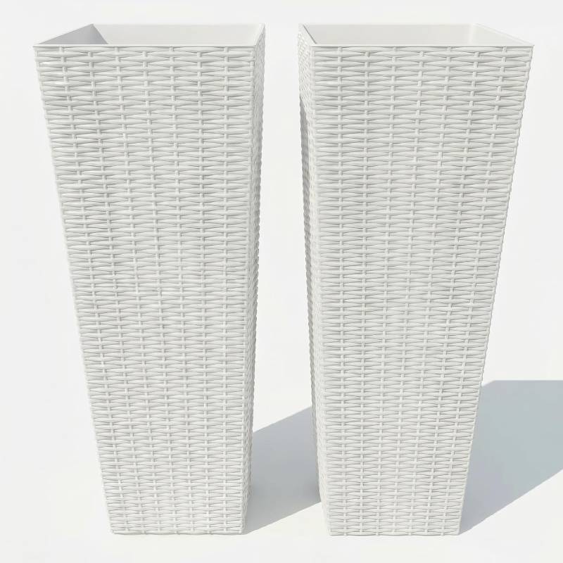 lot 291633 image: GAOMON Tall Planters for Outdoor Plants Set of 2, 23.62 Inch Wicker Textured Plastic Flower Pots with Drainage Holes, Modern Square Planters for Patio, Porch, Balcony, Garden, White