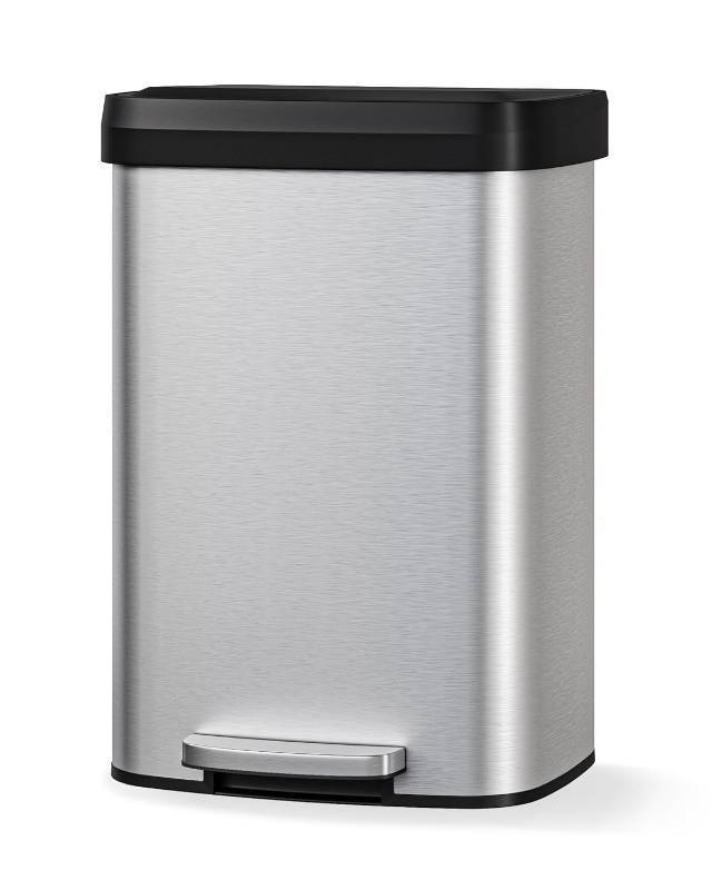 lot 401373 image: Garvee 13 gal  50 L Stainless Steel Trash Can with Lid, Large Garbage Can for Kitchen, Rustproof Step-on Kitchen Metal Trash Bin with Liner Rim, Rear Handle, Soft Close Plastic Lid, Silver