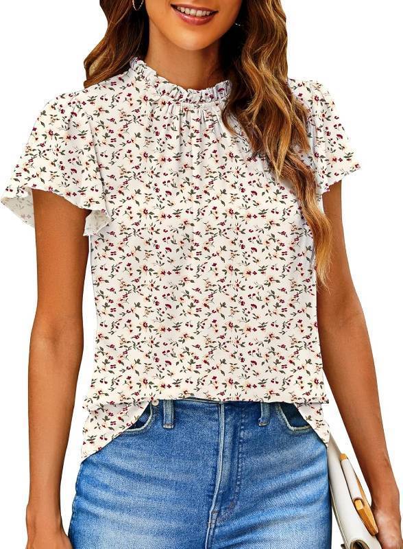 lot 211471 image: SimpleFun Women Boho Shirts Floral Ruffle Short Sleeve Mock Neck Flowy Casual Summer Blouses Tops