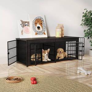 lot 191718 image: Retails for $264 GarveeLife 63 Heavy Duty Dog Crate Furniture, Dog Cage Furniture with Divider,Wooden Kennel Indoor TV Stand End Table for LargeMedium Dogs, Black