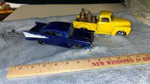 lot 33 image: Drag Racing Large SLOT CARS- Blue Classic Car and Yellow Pickup Truck Set
