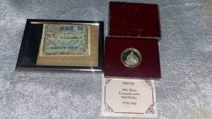 lot 84 image: George Washington 90% Silver Commemorative Half Dollar with Certificate and Framed Asian Banknote