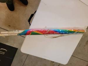 lot 20652 image: Rainbow Striped Beach Umbrella with Wooden Handle - Retail $25