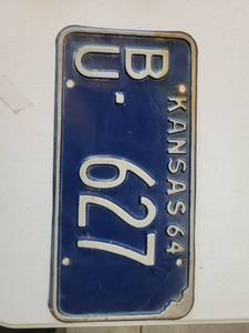 lot 20677 image: Kansas Blue License Plate 1964 - Retail $15