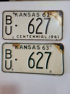 lot 20680 image: Kansas 1961&1963 License Plate Pair BU 627 - Retail $25