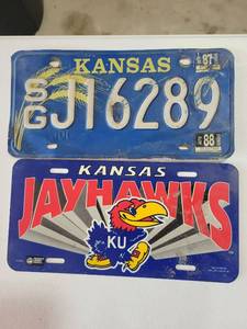 lot 20683 image: Kansas License Plates Set - Standard and KU Jayhawks Specialty Plates - Retail $15