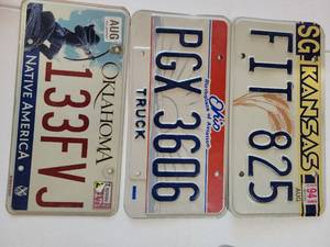 lot 20685 image: Set of Three State License Plates Oklahoma Native American Truck Kansas - Retail $15