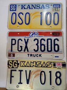 lot 20687 image: Kansas and Ohio License Plate Collection Set of 3 - Retail $15
