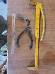 lot 20722 image: Old Blacksmith Farrier Tools Set with Hoof Nippers and Yellow Frame - Retail $45