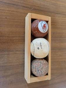 lot 20724 image: Three Golf Balls in Wooden Display Box - Retail $15