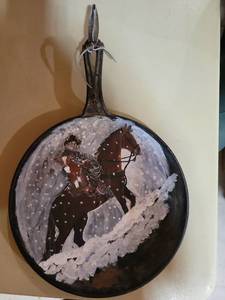 lot 20758 image: Hand Painted Cast Iron Skillet with Cowboy Winter Scene - Retail $25