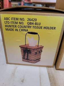 lot 20796 image: Hunter Country Woven Basket Tissue Holder with Wood Stand - Retail $15