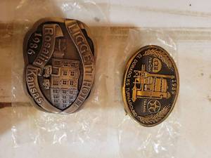 lot 20803 image: Hotel Belt Buckle Collection - Liggett Hotel Rosalia Kansas 1986 and CB Eldorado Kansas Turnaround 1989 - Retail $15