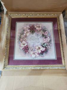 lot 20820 image: Floral Wreath Religious Inspirational Print with Gold Frame 16.5x16.5 frame - Retail $15