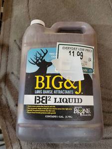 lot 20825 image: Big & J BB2 Liquid Deer Attractant 1 Gallon half full - Retail $8