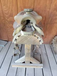 lot 20859 image: Western Leather Saddle with Tooled Design with saddle stand - Retail $300