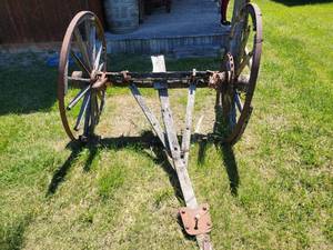 lot 20861 image: antique wooden farm wagon undercarriage 50hx60w - Retail $2,500