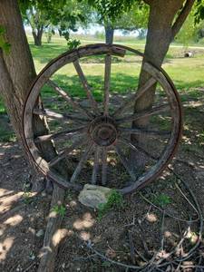 lot 20869 image: Wooden Wagon Wheel with Metal Hub 52in across - Retail $75
