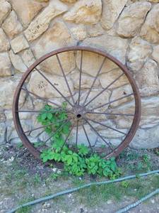 lot 20870 image: Rustic Metal Wagon Wheel 46in across - Retail $75